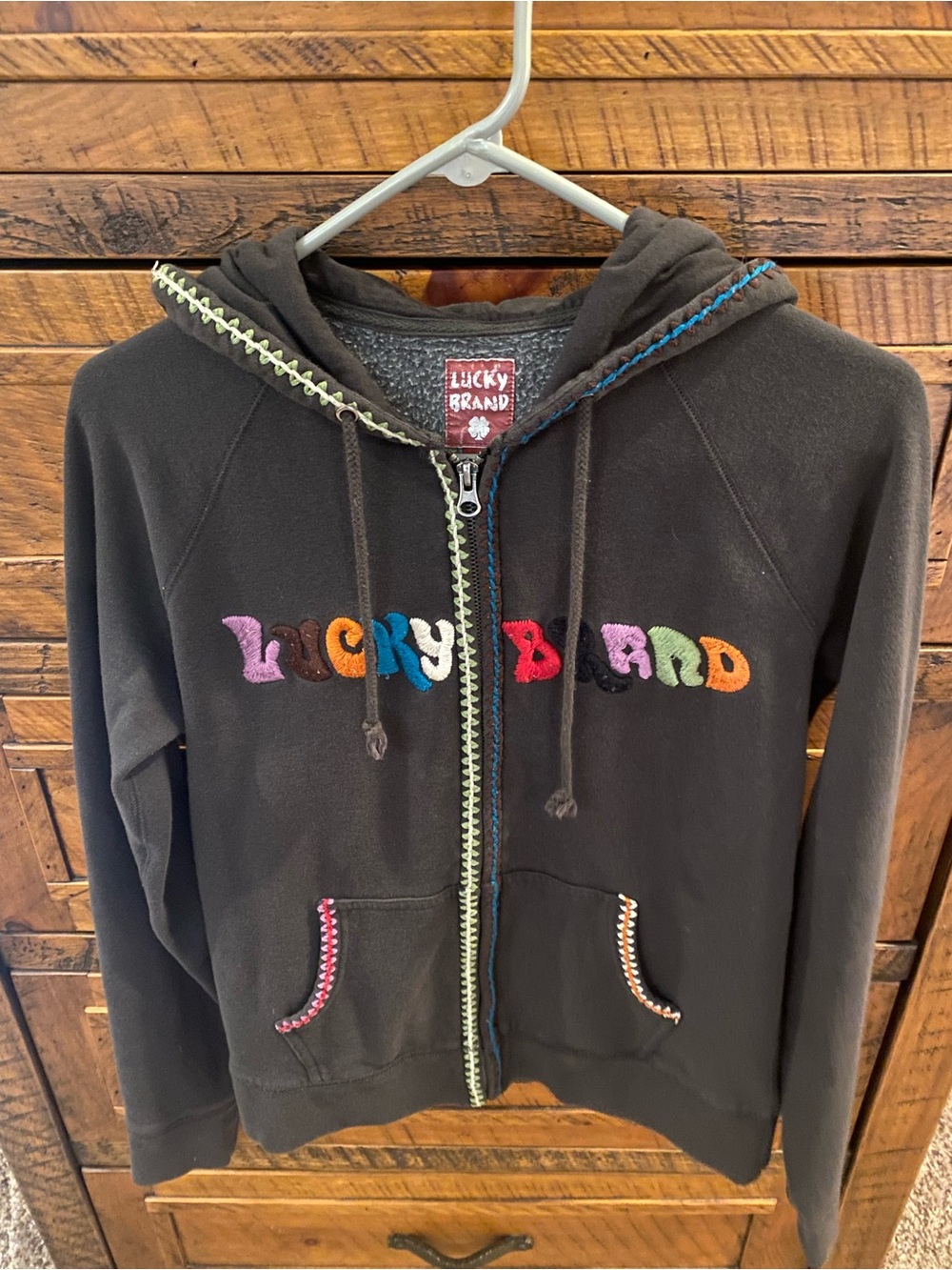 Lucky Brand black hoodie with multicolors